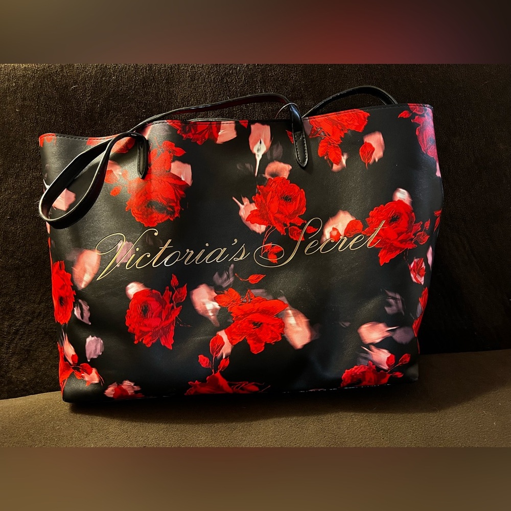 Victoria's Secret Black and Red Floral Tote - NWT
